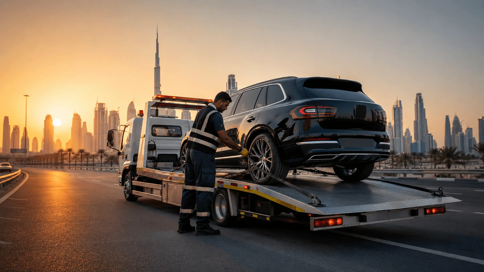 24/7 roadside assistance technician helping a driver in Dubai