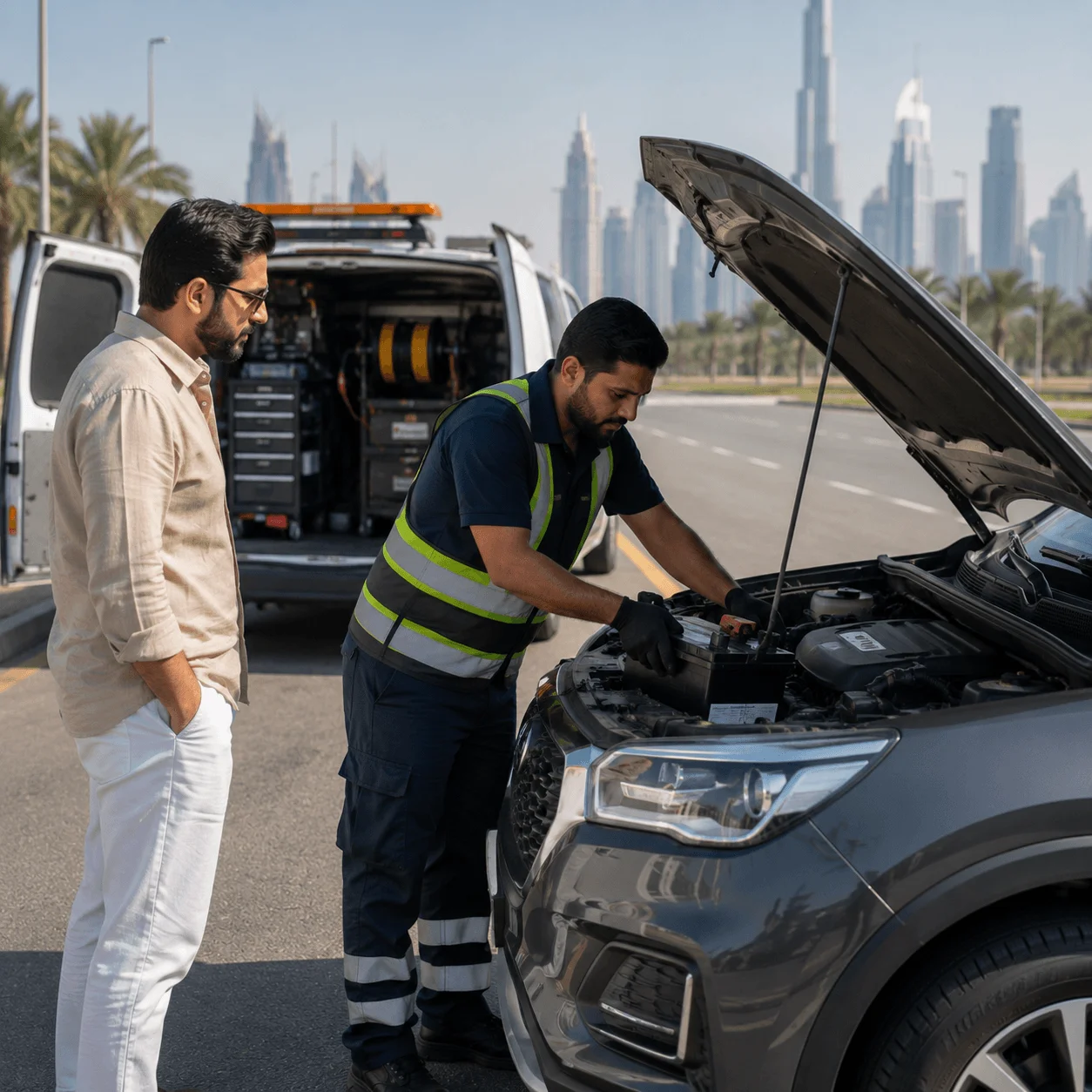 Battery jump start roadside service in Dubai