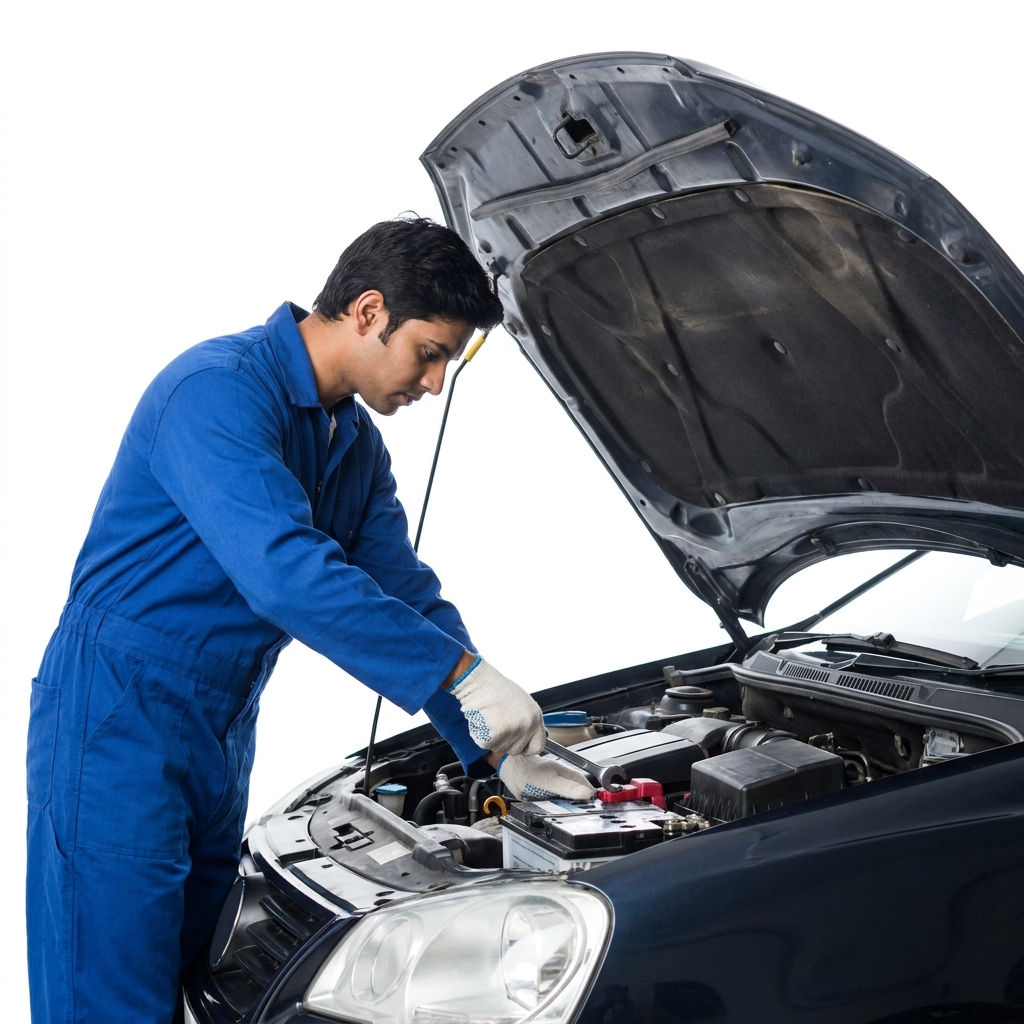 Technician replacing a car battery in Dubai