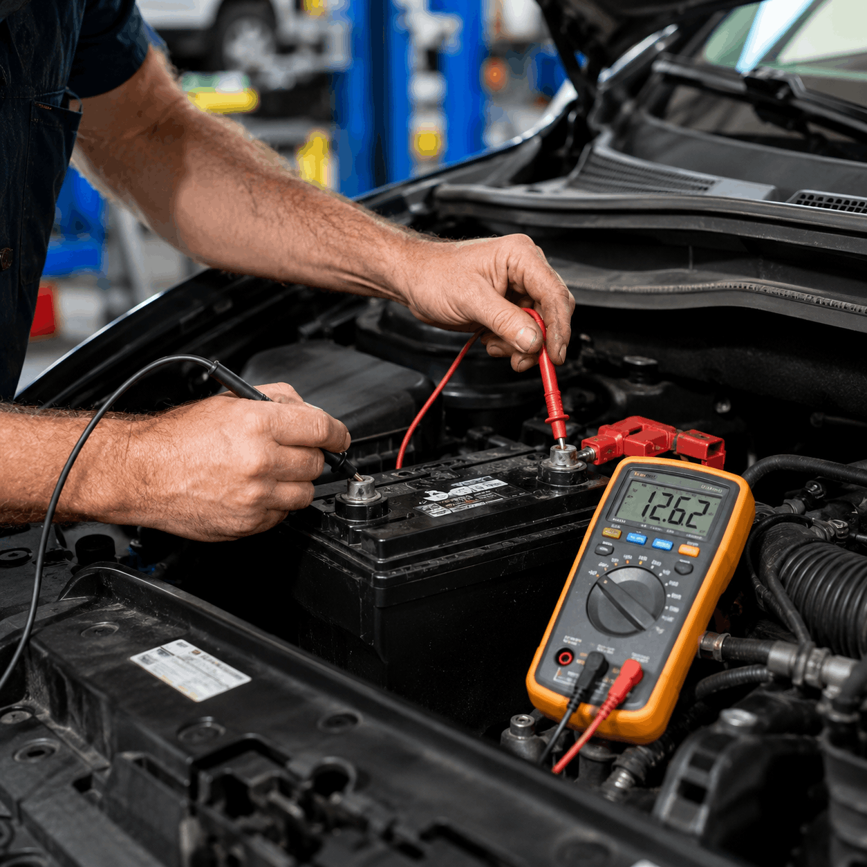 Technician performing a free car battery health test in Dubai