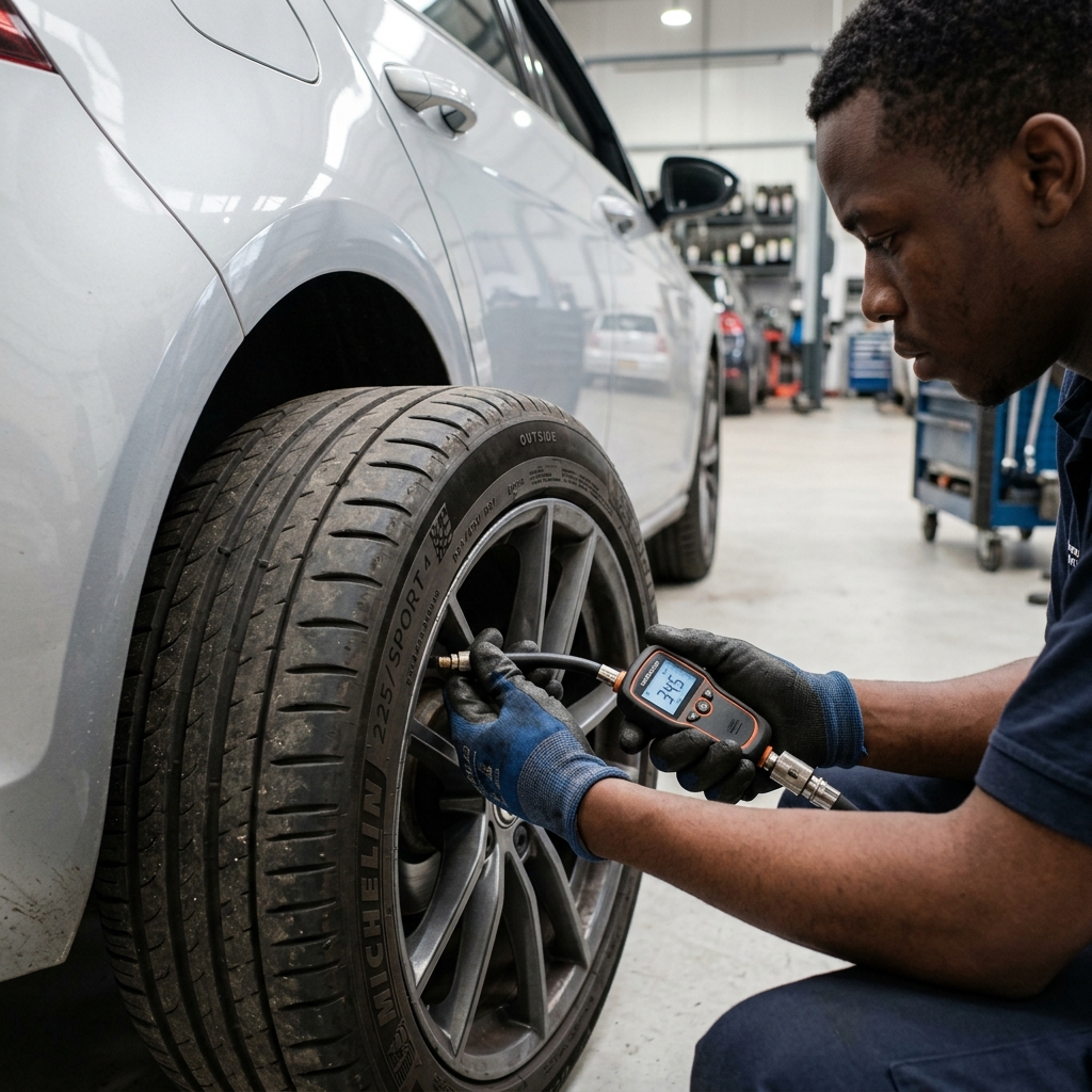 Car tyre pressure check for safe driving and even tyre wear